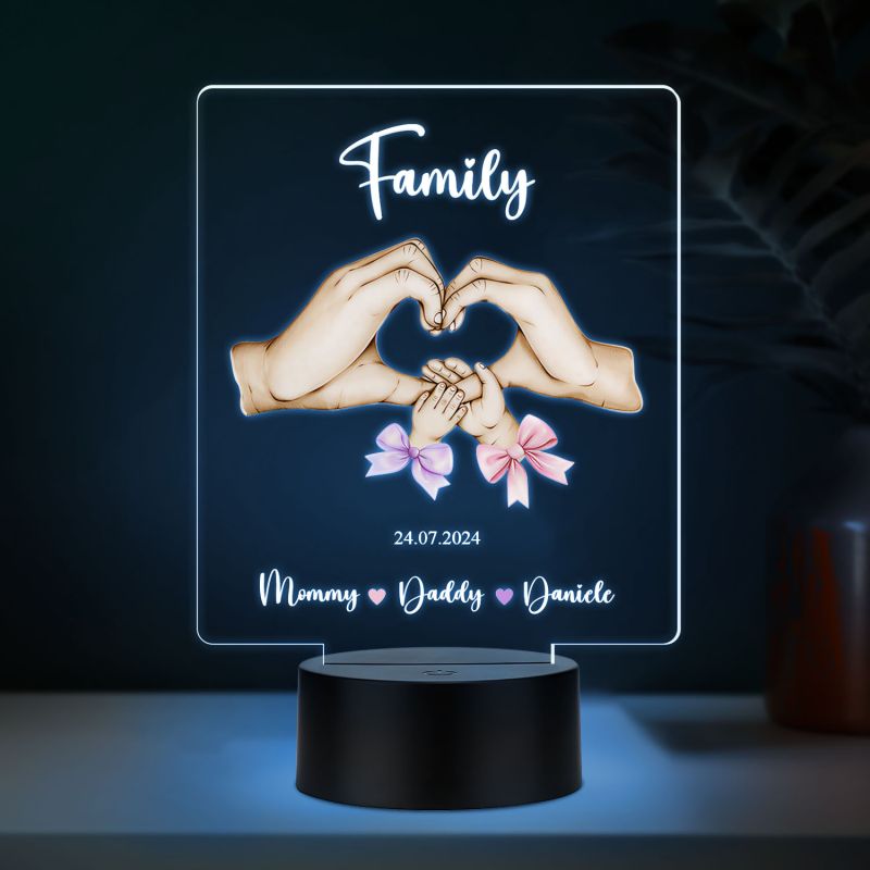 Personalized Family LED Night Light, Heart Hands Design, Customizable with Names and Date, Gift for Mom Dad Automatic Color Changing Light